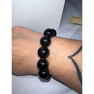 Vintage Large Black Plastic Stretch Bead Bracelet